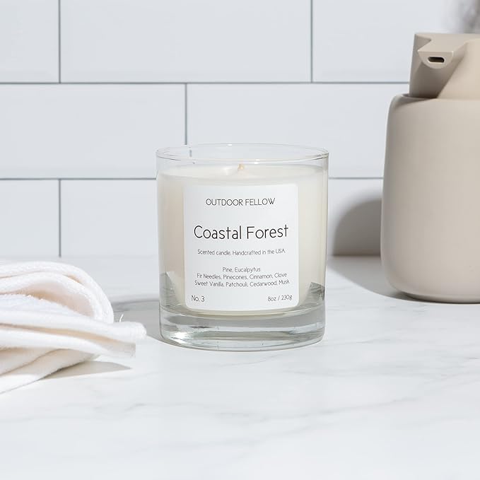 Outdoor Fellow Coastal Forest Scented Candle, 8oz, Coconut & Apricot Wax Blend, Pine, Eucalyptus, Cedarwood, Reusable Glass, 40-50 Hour Burn Time - Bloomnest