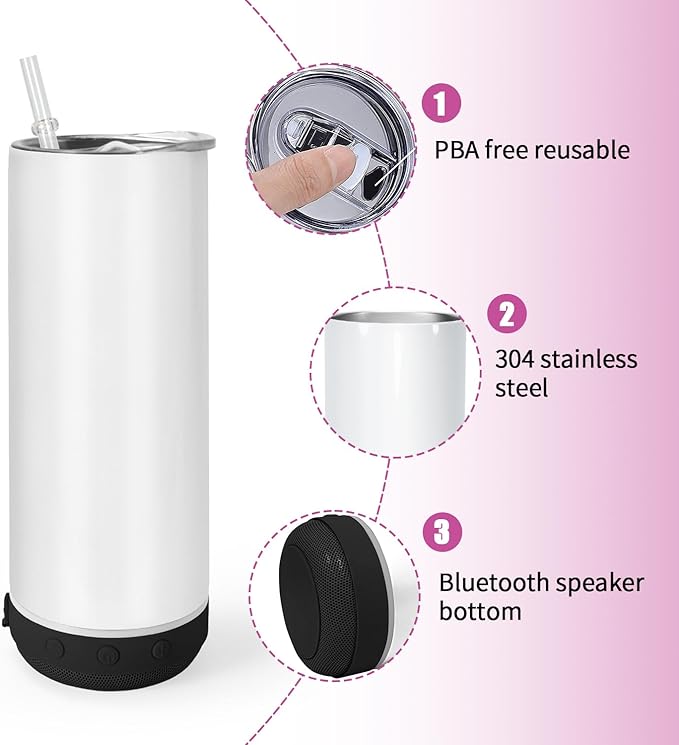 AGH 25 Pack Music Speaker Straw Cup, 20 Oz Skinny Stainless Steel Double Wall Tumbler Blanks, Speaker Tumbler Cup with Detachable LED Light, Suitable for DIY Gifts (Black) - Bloomnest