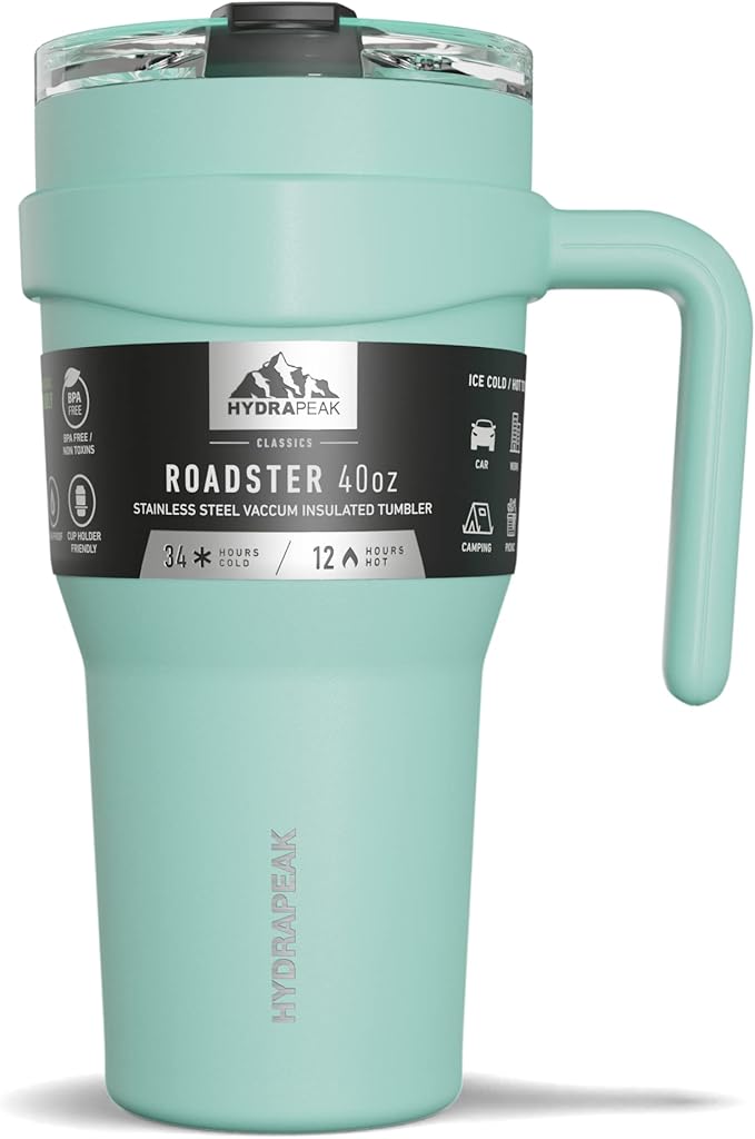 Hydrapeak Roadster 40oz Stainless Steel Tumbler Double Wall Vacuum Insulated Water Bottle With Handle And 2 in 1 Straw Lid (Aqua) - Bloomnest