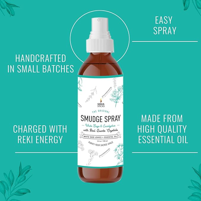 SOUL STICKS White Sage & Eucalyptus Smudge Spray – 3.5oz Smokeless Energy Mist with Quartz Crystals – Essential Oil Spray for Focus, Clarity, Aura Cleansing, Meditation, and Home Refreshing SoulSticks