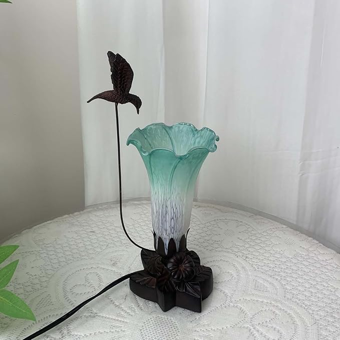 Bieye LL08 Hummingbird Flying Over Lily Flower Blown Glass Table Lamp for Home Decor (White Cyan, 4.25Wx12H)