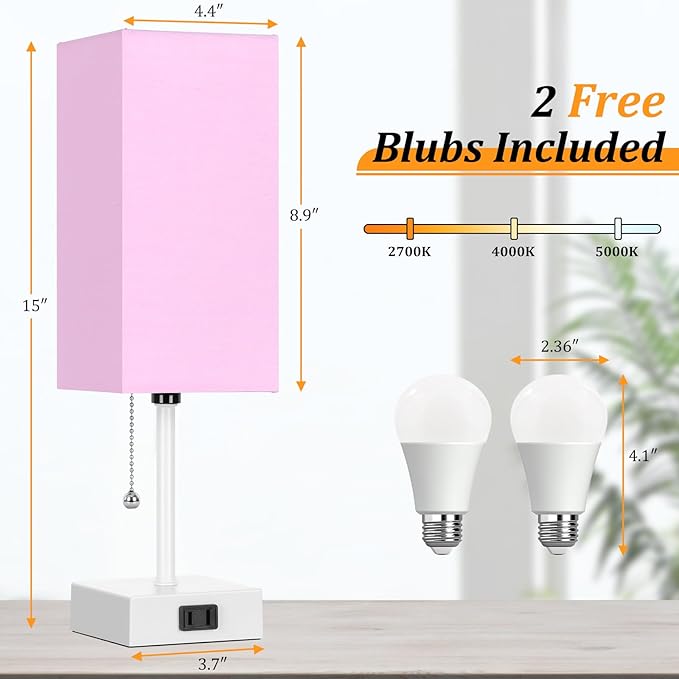 15'' Table Lamp for Bedroom set of 2,3-Color Bedside Lamps with Pull Chain Table Lamps for Night stands ,Small Night Light Lamps with 2 Bulbs Lamps for Living Room Kids Room Office Decor（Pink+White） - Bloomnest