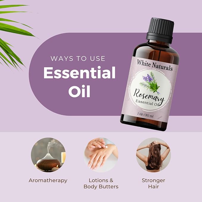 White Naturals Organic Rosemary Essential Oil, 100% Pure & Natural, 1 Fluid Ounce, Aromatherapy, Vegan, Non-GMO, Strengthening, Conditioner, DIY Soap Making - Bloomnest