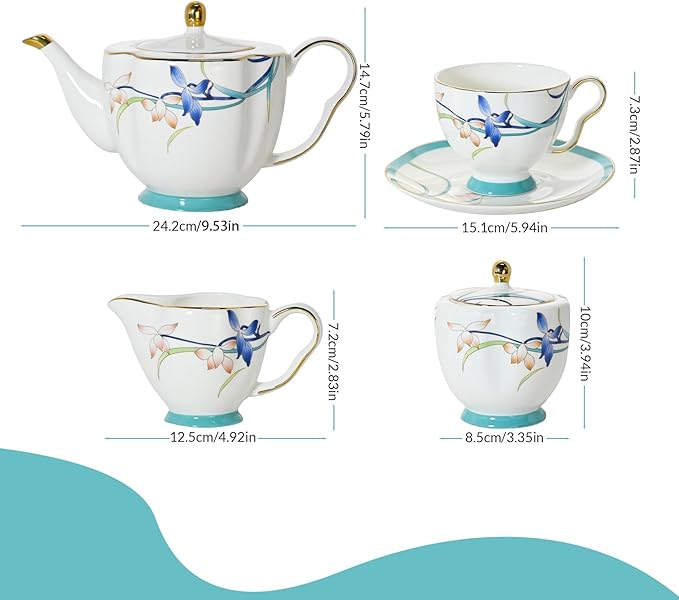 ACMLIFE Tea Cups and Saucers for 1, Bone China Teacup Set for Adults with Gold Trim and Gift Box, Blue and White Chinese English British Wedding Tea Set for One Coffee Cup Set 6.8 oz (Blue-Bamboo) - Bloomnest