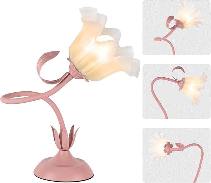 Cute Flower Desk Lamp, 3 Color Temperature Table Lamps with LED Bulb, Vintage Bedside Lamp, Reading Lamps with Soft Light for Bedroom, Living Room（Pink） - Bloomnest