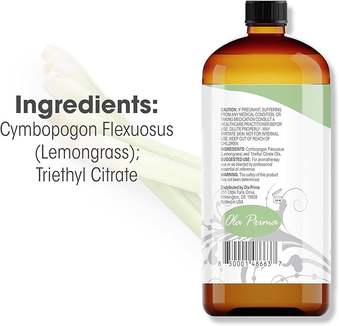Ola Prima Lemongrass Essential Oil for Aromatherapy, Diffuser, Cleaning, Skin, Hair Health, Relaxation, Soap & Candle Making (16oz Bulk) - Bloomnest