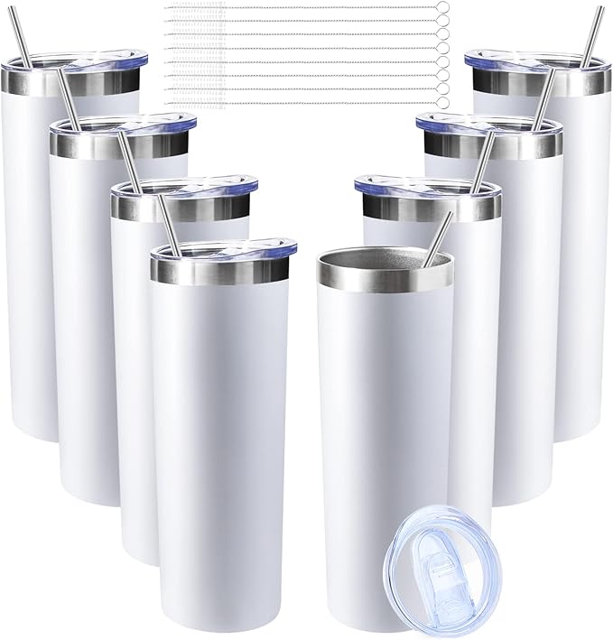 20 oz Skinny Tumblers with Lid and Straw,Stainless Steel Vacuum Insulated Tumbler Cup Double Wall Travel Coffee Mug, Thermal Water Tumbler for Hot and Cold Drinks(White,8)