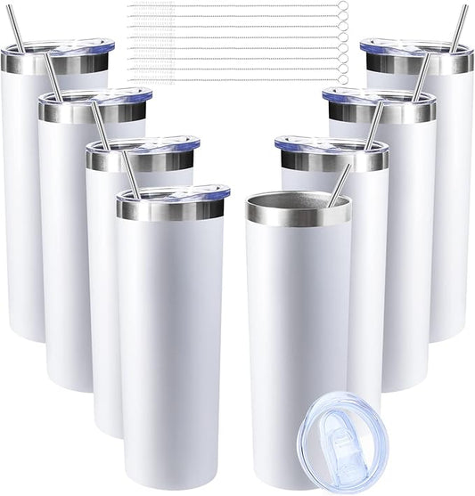 20 oz Skinny Tumblers with Lid and Straw,Stainless Steel Vacuum Insulated Tumbler Cup Double Wall Travel Coffee Mug, Thermal Water Tumbler for Hot and Cold Drinks(White,8)