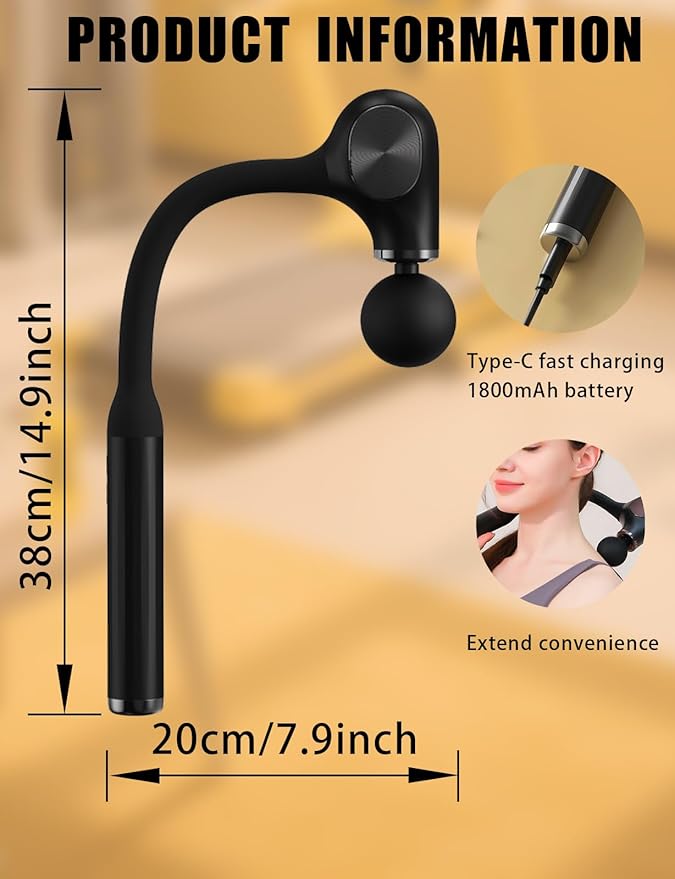 Deep Tissue Massage Gun with Bend Handle, 12MM Percussion, 4 Replaceable Heads, Less-Shock Design for Back, Neck, Foot, Leg, Shoulder - Bloomnest
