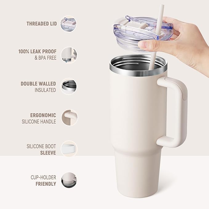 40 oz Tumbler With Handle and Straw Lid, Vacuum Insulated Travel Coffee Mug Stainless Steel Insulated Cup for Beverages, Leak-proof, Cupholder Friendly (Beige) - Bloomnest