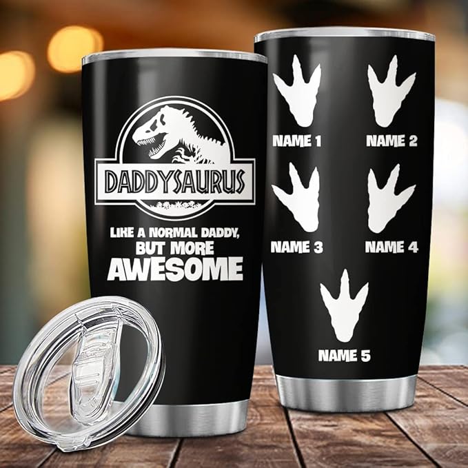 Custom DaddySaurus Gifts For Dad From Daughter, Son, Kids Personalized Tumbler Cup Father's Day Gift, Gift For Dad, Father, Papa, Grandpa 20oz Insulated Coffee/Tea Tumbler with Lid - Bloomnest