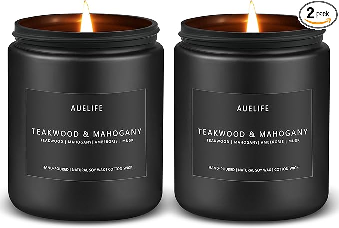 2 Pack Teakwood & Mahogany Candle | Scented Candles for Men, Man Gifts for Men - Masculine Candles - Soy Candle for Home Scented - 7oz Black Jar, Long Lasting - Bloomnest