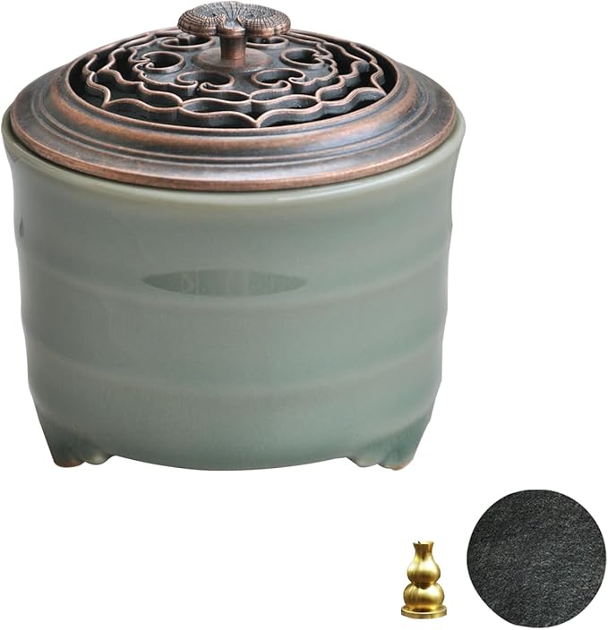 Ceramic Incense Holder with Beauty Lid,Coil Incense Burner for Cone and Powder Incense,Mediation Gift,Home Decor（Light Green） - Bloomnest