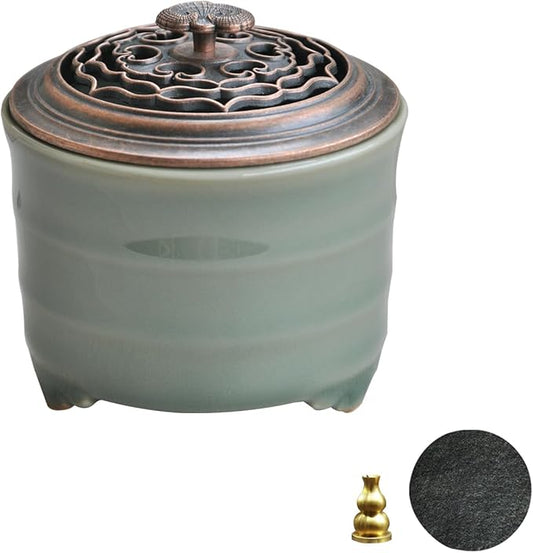 Ceramic Incense Holder with Beauty Lid,Coil Incense Burner for Cone and Powder Incense,Mediation Gift,Home Decor（Light Green） - Bloomnest