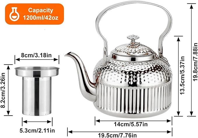 SANQIAHOME Antique 1.2L (40Oz) Stainless Steel Teapot with Infuser Silver - Bloomnest