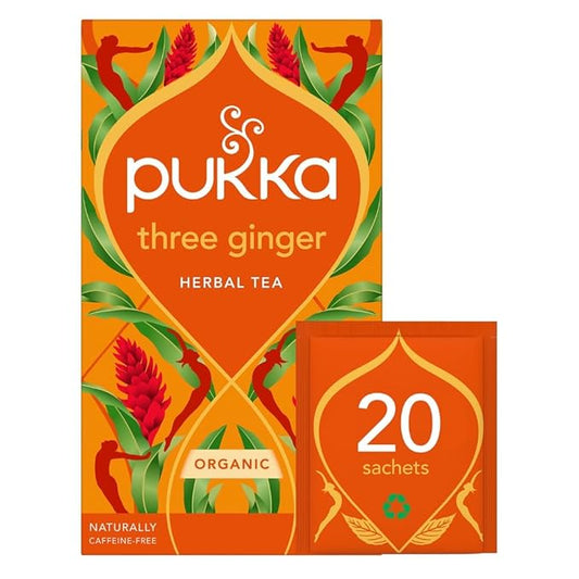 Pukka Three Ginger Organic Herbal Tea, Digestion-Aiding Infusion With Ginger, Turmeric, and Galangal, Tea Gift Set Ideal After Meals, Caffeine Free, 20 Total Bags