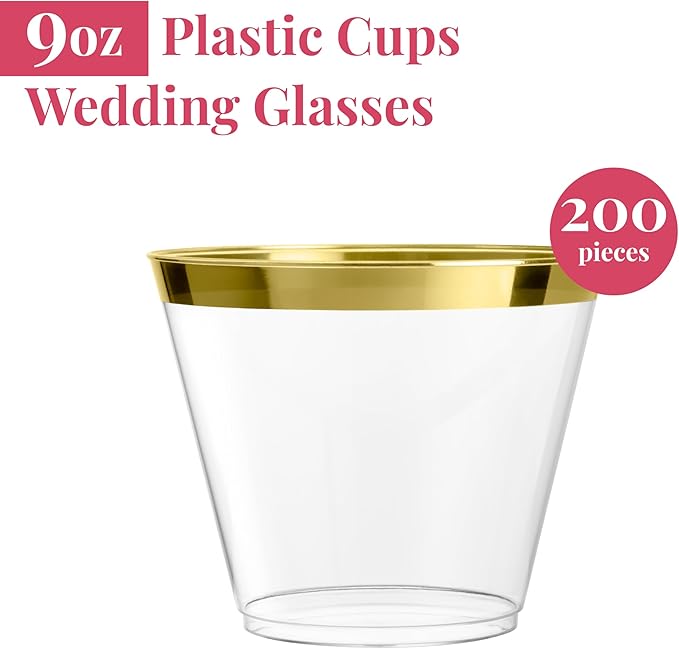 Prestee Hard Disposable Cups - Heavy Duty Fancy Plastic Cups - Plastic Cocktail Drinkware - Disposable Drinking Cup 9 oz - Bulk Drinking Glasses for Wedding - 200ct Gold Tumblers - Bloomnest