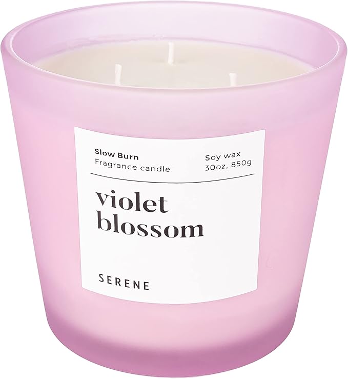 Hidden Label Large Scented Candle, Violet Blossom, 30oz 3 Wick Huge Candle, Serene Collection Slow Burn Natural Soy Candles for Home Scented - Bloomnest