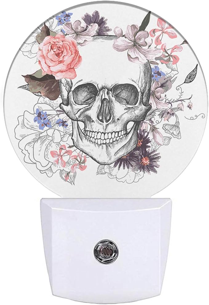 EKOBLA Skull Floral Decorative Night Light Goth Spooky Sugar Skull Skeleton with Pink Flower Rose Plug-in Nightlights Auto on/Off Bedroom Bathroom Decor for Men Women Boys Girls - Bloomnest