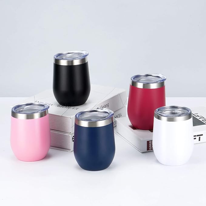 6 Pack Stainless Steel Wine Tumblers, 12Oz Insulated Wine Tumbler, Double Wall Insulated Wine Glass, Stainless Steel Stemless Wine Cups with Lids for Coffee, Wine, Cocktails, Champaign, Black… - Bloomnest
