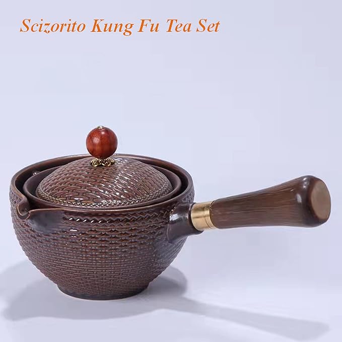 Ceramic Portable Travel Tea Set, Chinese Kungfu Tea Set with 360 Rotation Teapot and Infuser, 4 Tea Cups, Tea Tray And Travel Bag (Wood Color Weave)