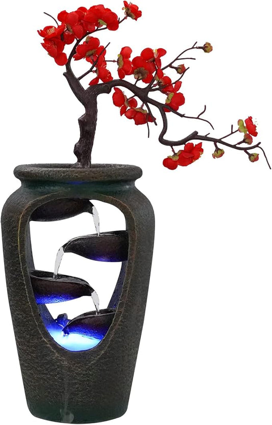 20" Flower Vase Style Bonsai Waterfall Fountain Tabletop Decorative Waterfall with LED Lights and Atomizer, Desktop Water Fountains for Living Room, Cafe Or Office - Bloomnest