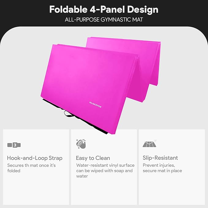 BalanceFrom 10x4 Feet 4-Panel Folding Gymnastics Mat – 2-Inch Thick Pad with Vinyl Surface and Carrying Handles for Tumbling, Yoga, Pilates, Home Workouts, and Martial Arts - Bloomnest