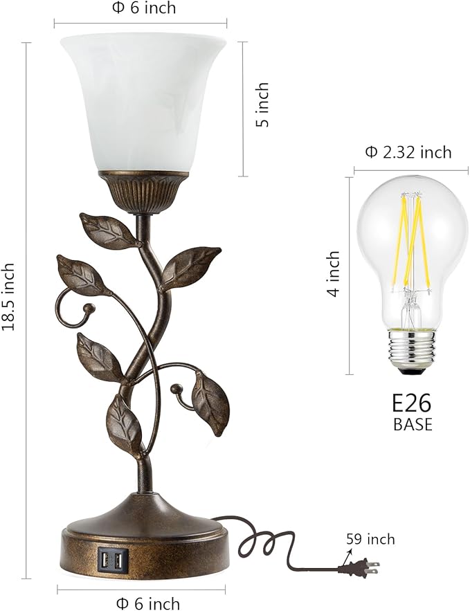 RORIANO Touch Bedside Table Lamp, Vintage Nightstand Lamp with 2 USB Ports for Living Room, 3 Way Dimmable Leaf Lamp Retro Table Lamp for Bedroom with White Glass Shade, LED Bulb Included - Bloomnest