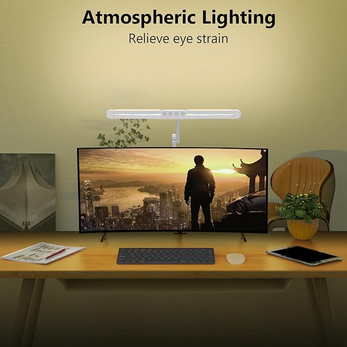 Micomlan Led Desk Lamp for Home Office, White Architect Desk Lamp with Clamp for Crafting, 24W Bright Rotatable Led Table Light Stepless Dimming Tempering Wide Computer Light with Atmosphere Lighting - Bloomnest