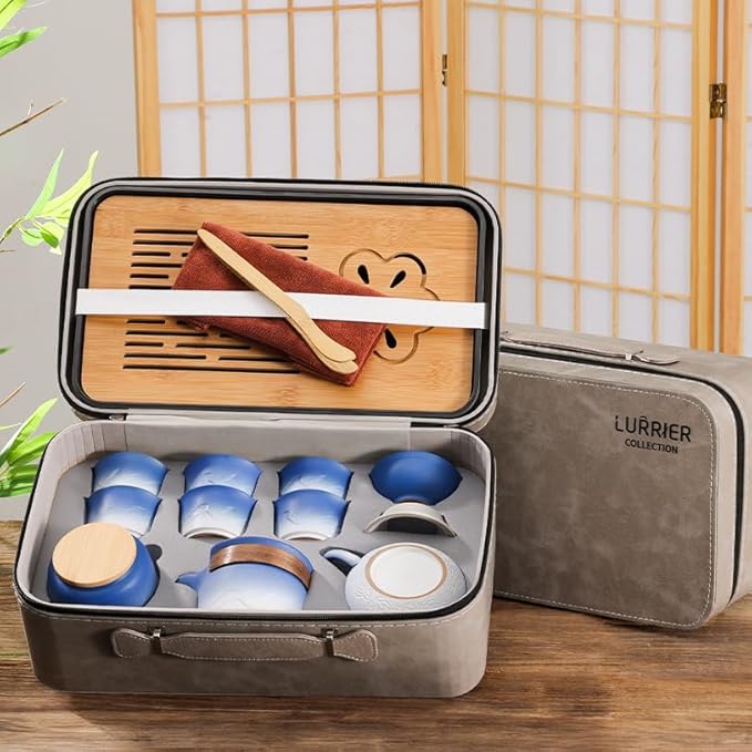 LURRIER Gongfu tea sets, Portable Ceramic TeaSet, Asian Tea sets for adult, Tea Gift sets, Grey leather case, Portable Travel Bag,Home,Gifting,Outdoor and Office(XBlue and White) - Bloomnest