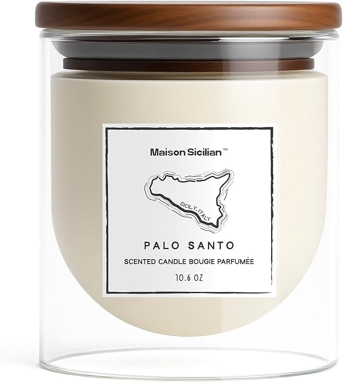 Palo Santo Candle by Maison Sicilian – Warm Earthy Sacred Wood with Sandalwood & Warm Balsamic Notes, Hand-Poured Soy Wax, 65 Hour Burn | Room-Filling Meditation & Space Cleansing Gift MaisonSicilian