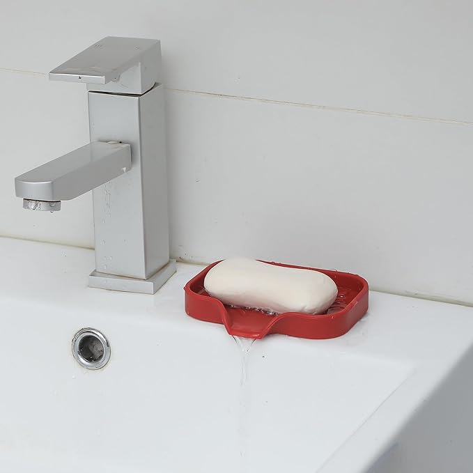 Silicone Bathroom Soap Dishes with Drain Spout-Bathroom and Kitchen Sink Organizer,Sponge Holder,Dish Soap Tray,Perfect for Dispenser,Scrubber,Bottle,Cup on Sink or Counter-Red 4.9"×3.2" - Bloomnest