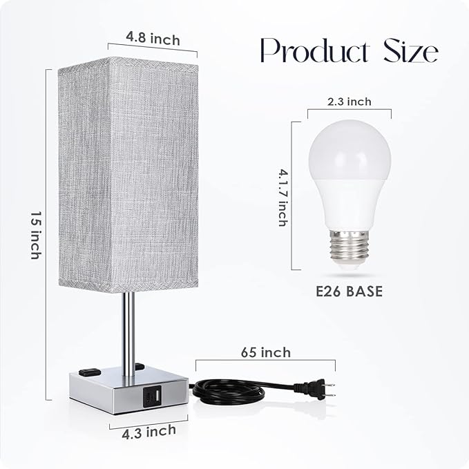 Bedside Lamp with USB Ports - Touch Control Table Lamp for Bedroom with USB C+A Charging Ports & AC Outlets, 3 Way Dimmable Nightstand Light for Living Room (LED Bulb Included, Chrome - Grey) - Bloomnest