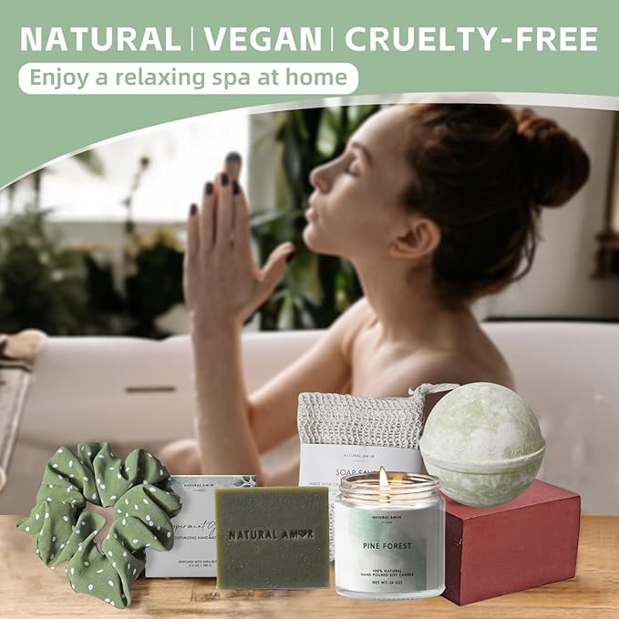 Natural Amor Green Spa Gift Set for Women, Peppermint Forest Bath Gift for her,5pc Bath & Body Gift Including Soap Bar, Candle, Bath Bomb - Bloomnest