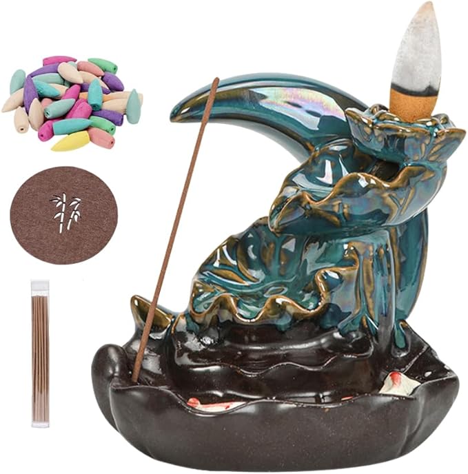 Ceramic Incense Holder Set, Creative Moon Waterfall Incense Holder Backflow Incense Burner with 20 Backflow Incense Cones +30 Incense Sticks+1 Tweezers+1 Mat Aromatherapy Decorations for Home (Blue)