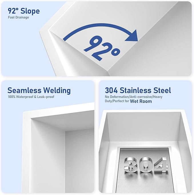 Stainless Steel Shower Niche 12" X 12" White No Tile Needed Niche Shower Recessed Wall Niches for Bathroom Storage Over Mount Installation - Bloomnest