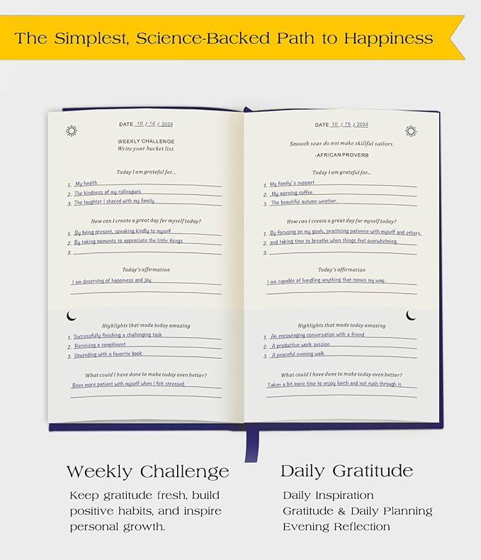 The Original Gratitude Journal with Inspiring Prompts & Quotes for Mindfulness, Reflection & Personal Growth - Daily Wellness Journal for Men & Women - Luxurious Linen Blue Cover Bloomnest