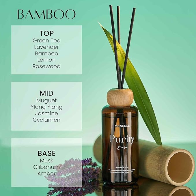 M&SENSE Reed Diffuser Set, Bamboo Scented 6.3 fl oz Natural Essential Oil Diffusers with Sticks, Non-Toxic Organic Air Freshener, Long-Lasting Fragrance Oils for Home Office Bathroom Bedroom MSENSE