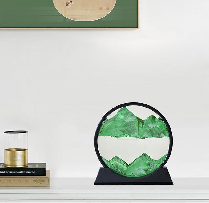 BGFJYUK Moving Sand Art Picture in Motion, Round Glass 3D Deep Sea Sandscapes with Display Flowing Sand Frame for Relaxing Desktop Home Office Work Décor for Kids Adults (Green, 12inch) - Bloomnest