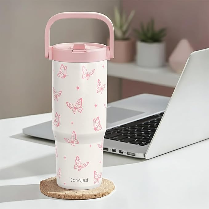SANDJEST Butterfly Stainless Steel Straw Lid Tumbler 30oz with Carry Handle for Women Girls, Insulated Travel Coffee Cup, Gift for Sports Outdoor Workout Christmas Birthday - Bloomnest