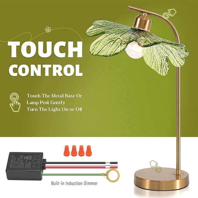 touch Table Lamp set of 2, Mid Century Modern Table lamp Gold Desk lamp tall table lamp nightstand lamp with Green Glass Flower Shade Bedside Table Lamp for end table Bedroom Living Room Office - Bloomnest