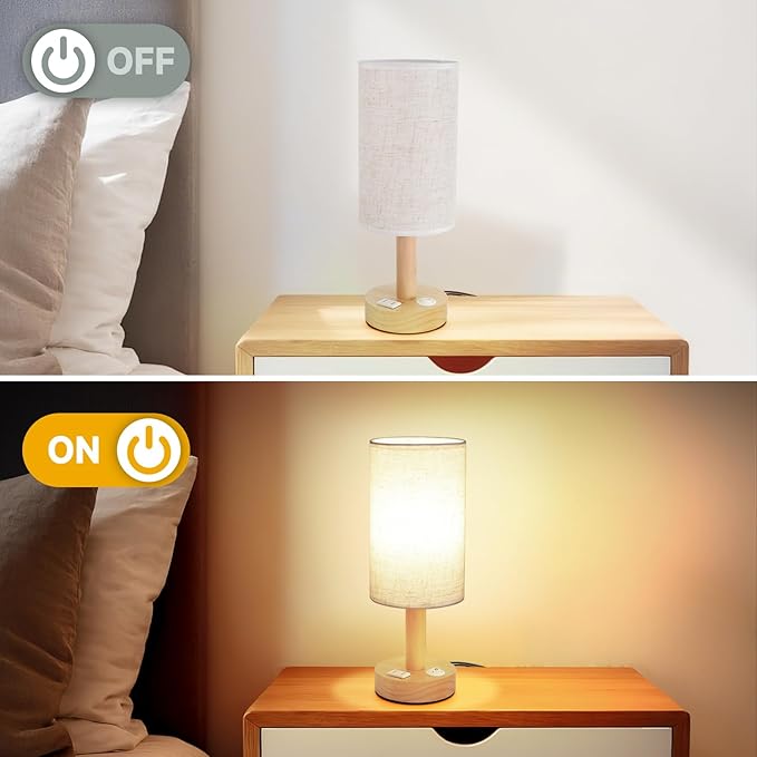 Small Bedside Table Lamp with AC Outlet,Natural Round Wood Base&Fabric Linen Shade,Cozy Night Table Light for Study Reading,Minimalist Boho Desk Lamp for Nightstand,Living Room,Nursery,Kitchen,Dorm - Bloomnest