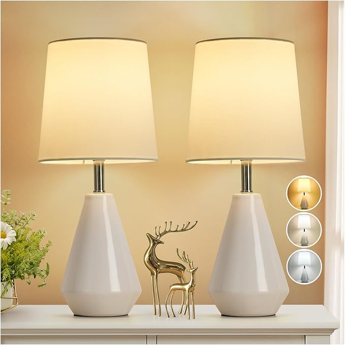 Small Bedside Table Lamp for Bedroom-Reading Desk Lamp Set of 2,with 3 Color Temperatures,15.5" Nightstand Ceramic Lamp with Fabric Shade for Kids Room,Living Room,Dorm,Home Office(White) - Bloomnest