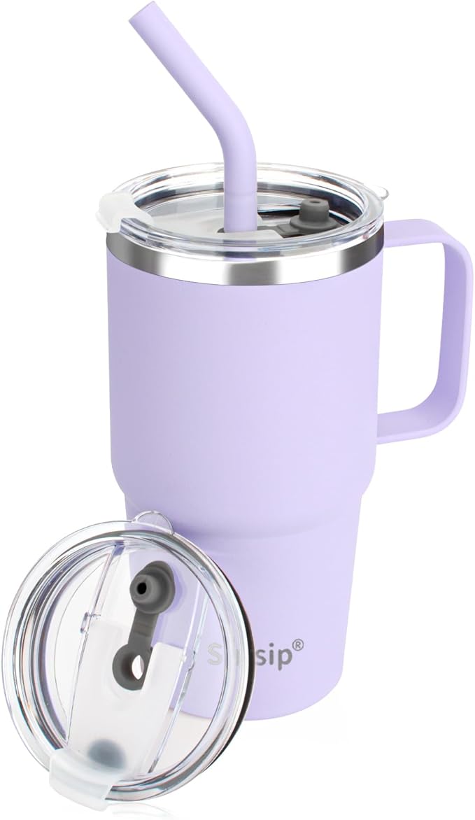 Sursip 24 oz Insulated Cup with Handle, Double Wall Vacuum Stainless Steel Tumbler with Straw and 2 Lids, For Cold/Hot Drinks, Coffee Travel Mug for Car/Home/Office/Party/Camping (Lilac-1 Pack) - Bloomnest