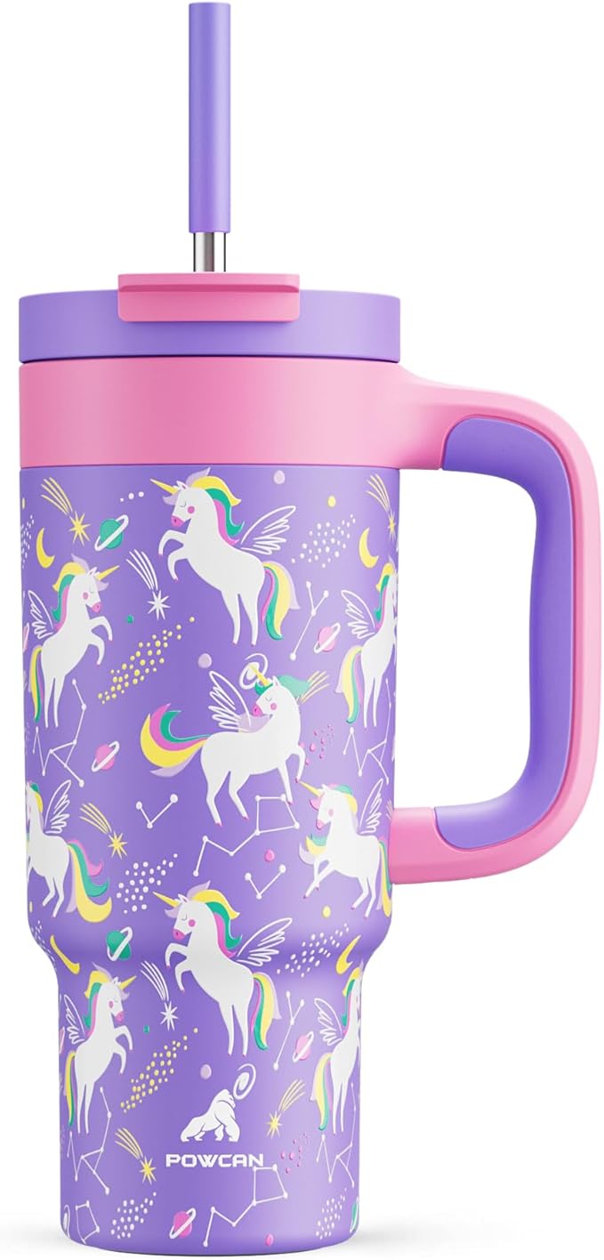 24 oz Kids Tumbler with Handle: Leakproof, Stainless Steel Cup with Straw Lid, BPA-Free, Insulated Water Bottle for School, Travel, Gift, Daycare, Home, Picnic, Outdoor Activities (Starlight Unicorn) - Bloomnest