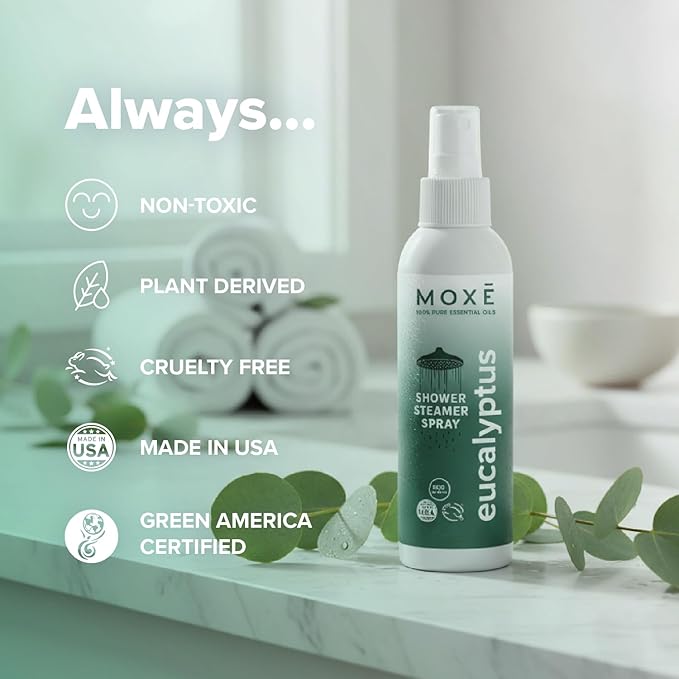 MOXE Eucalyptus Oil Shower Mist, Spa Steam Spray, Certified Natural 100% Essential Oils, Made in USA, Aromatherapy, Sinus Congestion Relief, Tension Relief (8oz) - Bloomnest