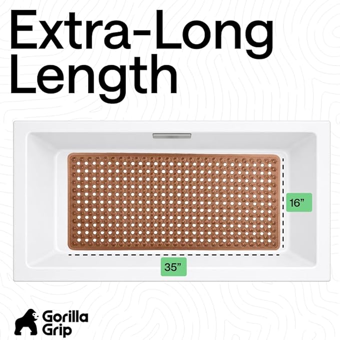 GORILLA GRIP Patented Bath Tub Shower Mat, Machine Washable Bathtub Floor Liner Mats, Suction Cups and Drain Holes to Keep Tubs Clean, Soft on Feet, Bathroom Essentials, 35x16 Inch, Brown - Bloomnest