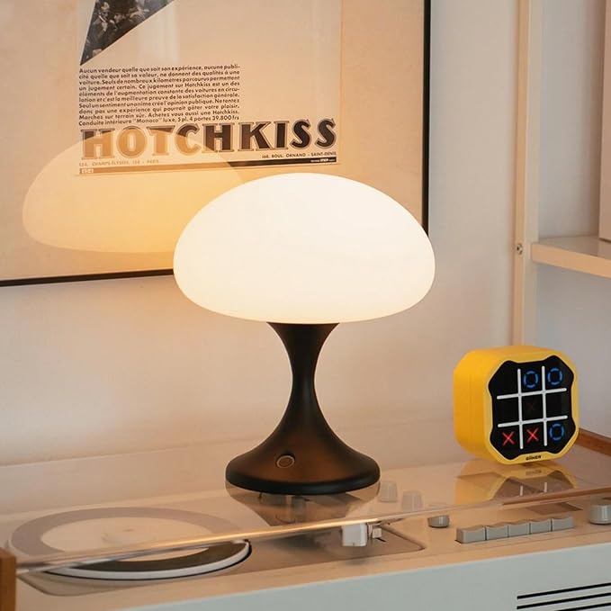 Mushroom Lamp, 5W LED Cordless Rechargeable Table Lamp with Glass Shade, Small Retro Dimmable Touch Light with 3 Color Temps, Aesthetic Mid Century Bedside Light for Bedroom Ambient, Black - Bloomnest