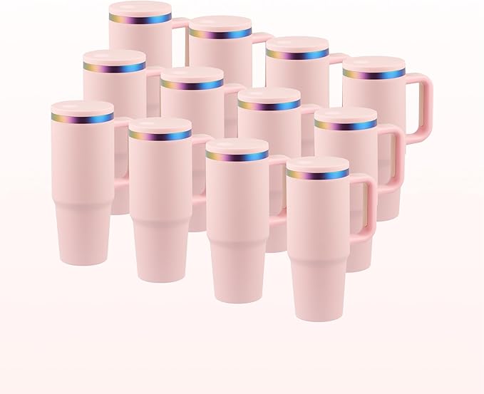 OMTech 30 oz. Tumblers with Handle & Lid, 12 Pack Tumbler Bulk with Double Wall Vacuum Insulation, Food-Grade Stainless Steel Insulated Coffee Mug, Sweatproof Travel Mug for Hot Cold Drinks, Pink - Bloomnest