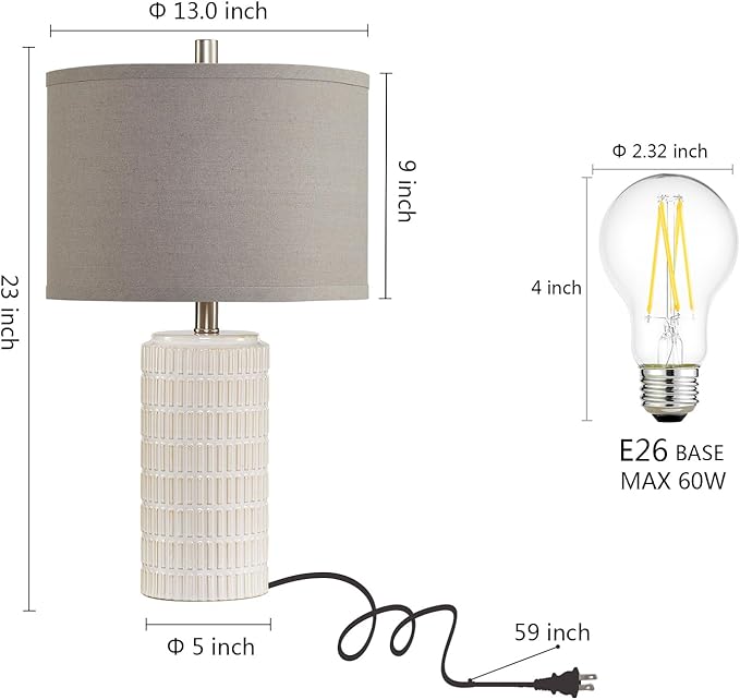 23" Set of 2 Ceramic Table Lamps, Farmhouse Bedside Lamp for Bedroom Living Room Nightstand Entryway, Side Table Lamps Modern Desk Lamp, 2 LED Bulbs Included (Gray) - Bloomnest
